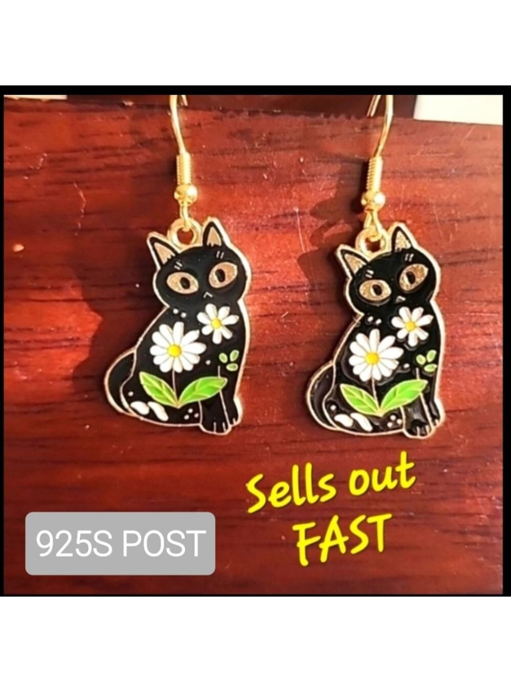 BLACK Cat Earrings Loaded with Spring  Flowers